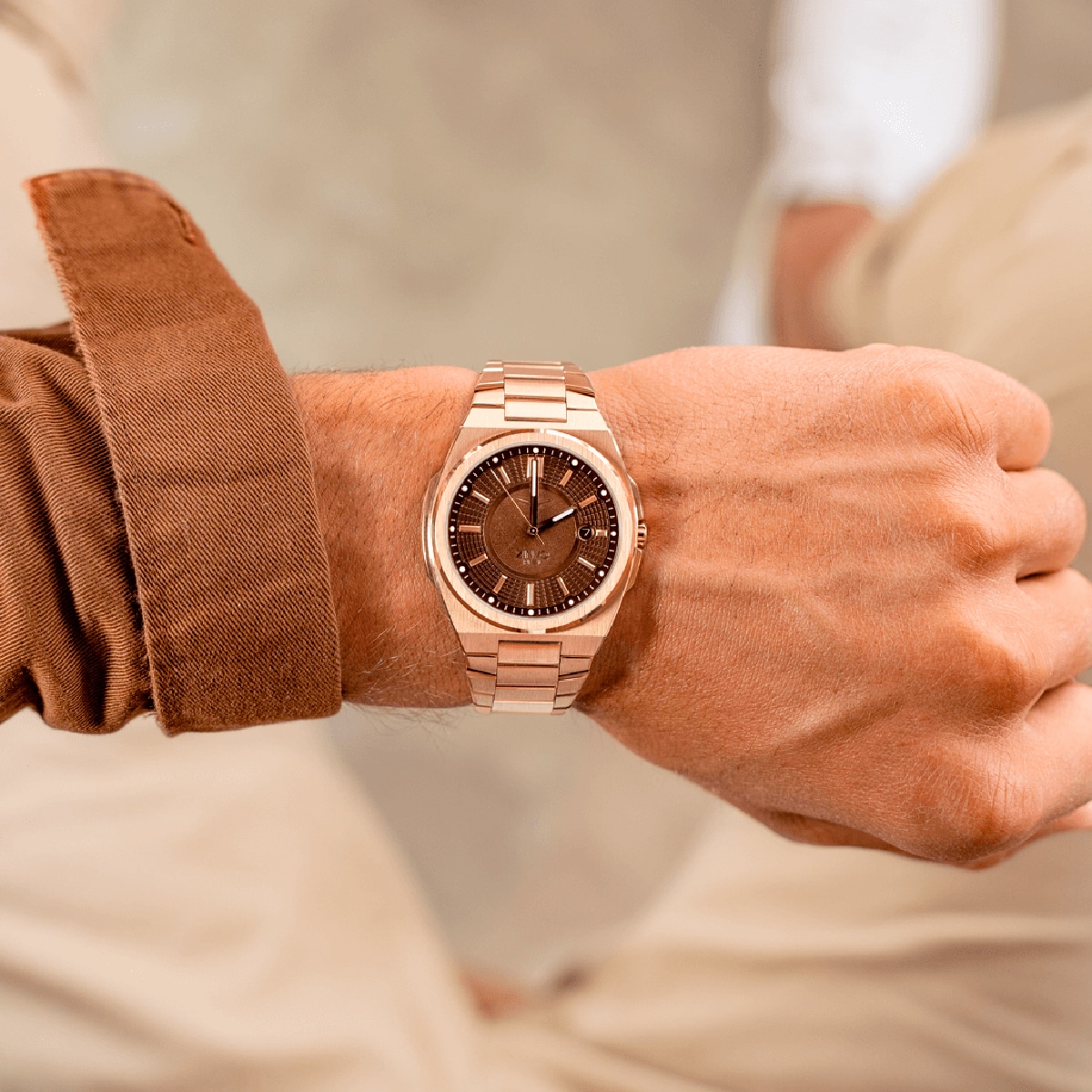 ZINVO Rival Orologio Uomo Quarzo: Cassa Acciaio IP Oro Rosa 42mm, Cinturino Marrone + Silicone